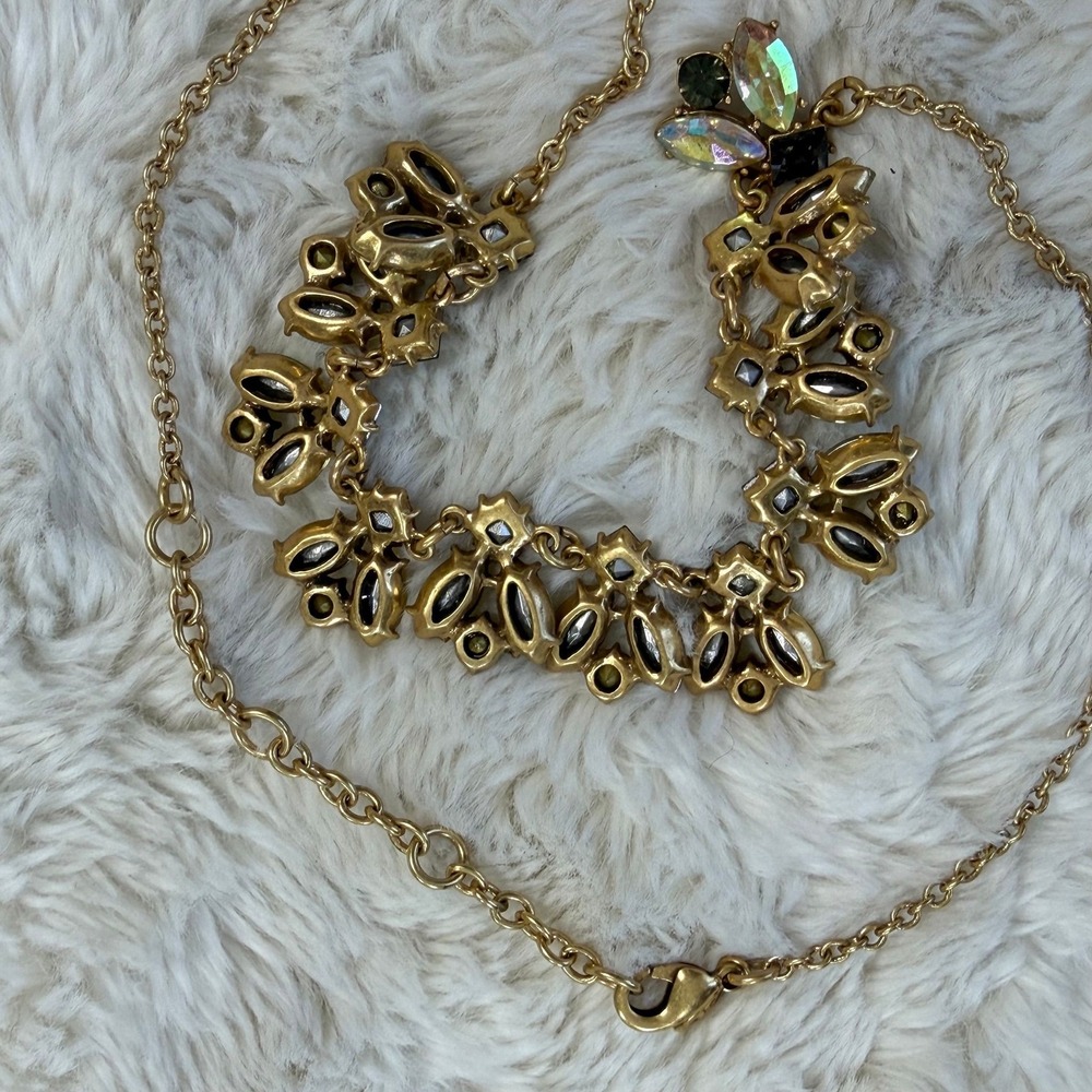 J Crew Aurora Borealis Crystal Statement Necklace Gold Tone Black Rhinestone Bib - Picture 2 of 4